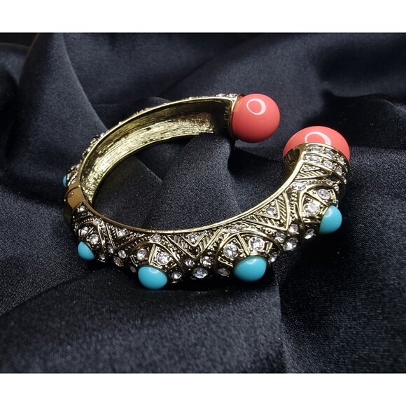Heidi Daus Bejeweled Gold-Tone Cuff Bracelet W/ Turquoise & Coral Accents Rhines - Picture 1 of 5